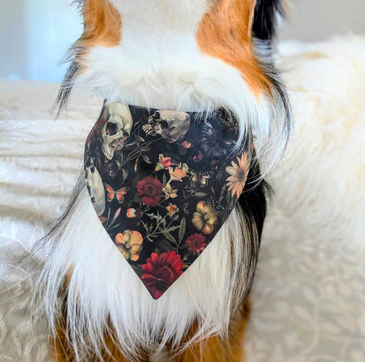 Dark Flowers and Skulls Dog Bandana